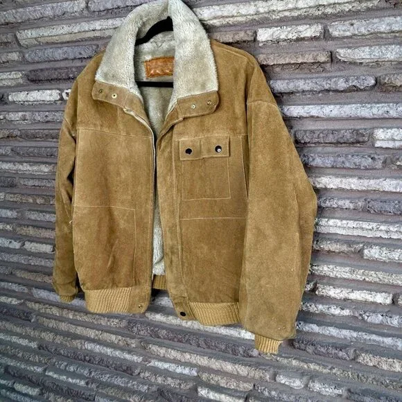 William Barry Tan Suede Flight Bomber Jacket Sherpa Lined Vintage Size 40